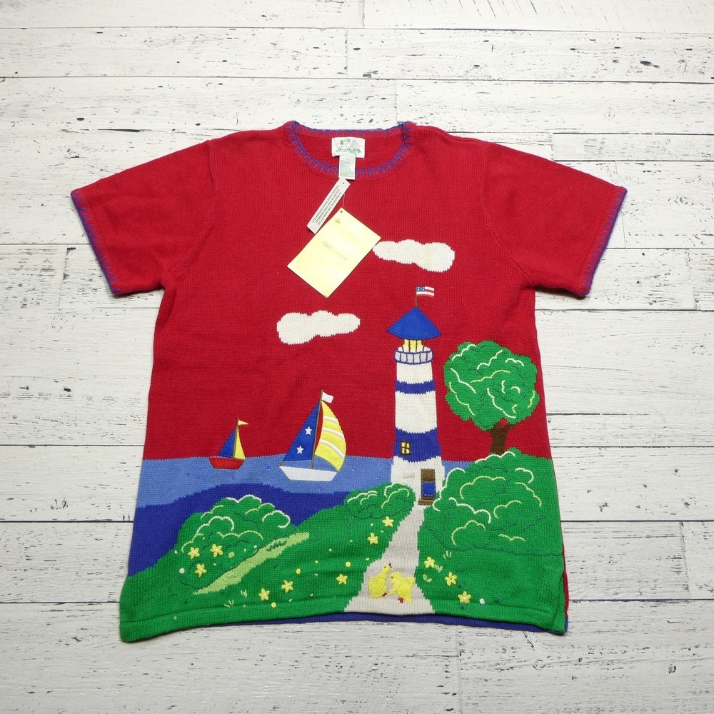 Quacker Factory Sweater Womens Large Red Nautical Lighthouse Short Sleeve QVC